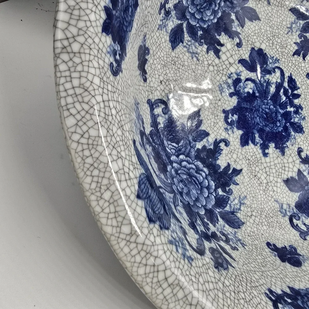 VTG 90s Bombay Chinese Floral Porcelain Bowl Crackle Finish Heavy 12